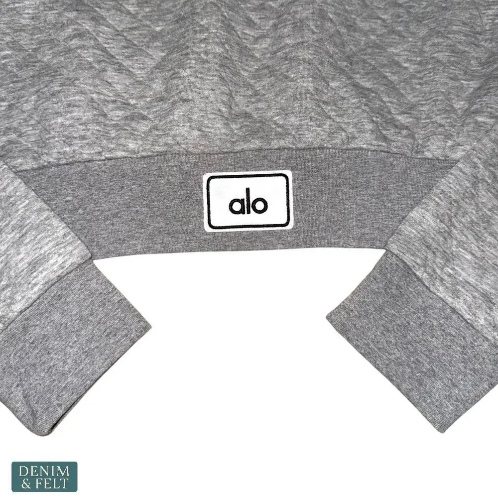 Alo Yoga Quilted Cropped‎ Arena Hoodie Gray Diamond Knit Pullover Gym Sweatshirt